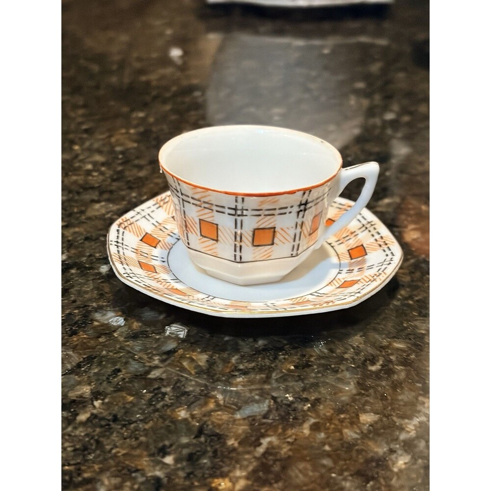 Adline China Occupied Japan Demitasse Tea Cup & Saucer HandPainted Orange&Black